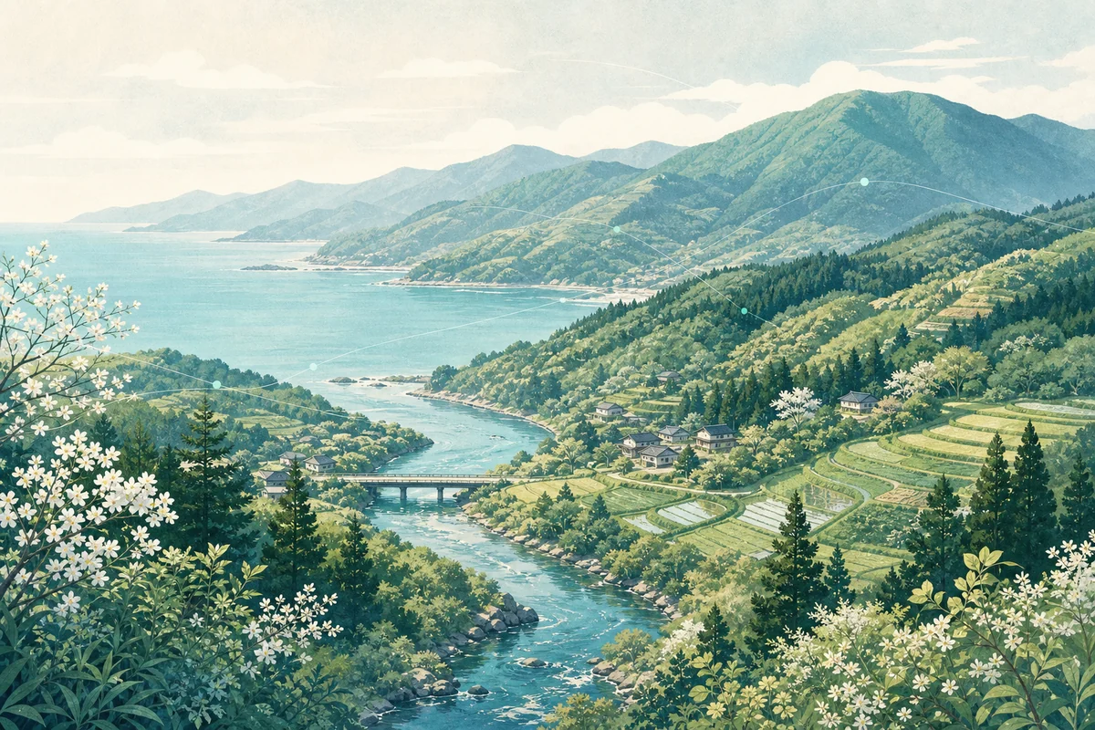 山・海・川・棚田が広がる自然豊かな地域の風景